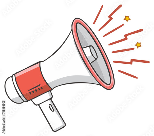 Loud Red Megaphone Cartoon Making an Announcement with Sound Waves Illustration