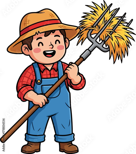 joyful hay farmer a cartoon illustration of rural life, isolated on transparent background