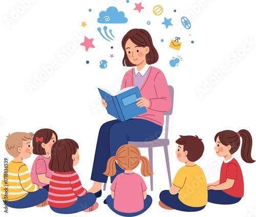 Teacher reading story to kids in classroom illustration