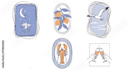 Celebrate life's moments with elegant graphic icons featuring wine, citrus, seafood, and toasts for a touch of sophistication and joy.