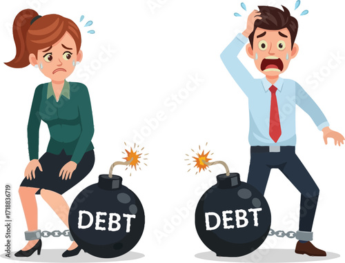 Financial debt concept stressed couple with debt bomb vector