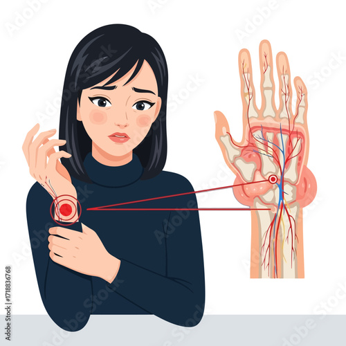 Worried woman experiencing wrist pain with illustrated anatomy of carpal tunnel highlighted, great for medical education or health awareness campaigns