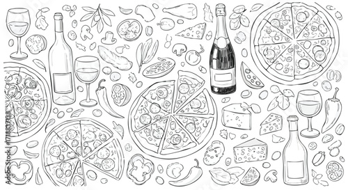 Delicious pizza slices, whole pies, wine bottles, cheese wedges, and fresh ingredients artfully arranged for a vibrant culinary celebration.