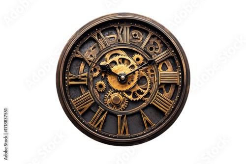 Ornate steampunk clock face with visible gears isolated on transparent background. Vintage steampunk clock with exposed gears and roman numerals isolated on white background.