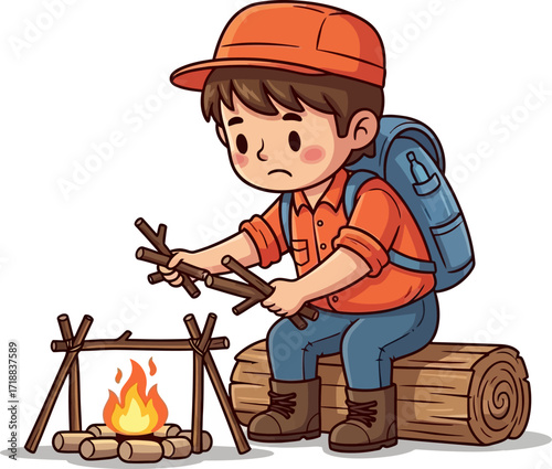 little backpackers campfire struggle a touching cartoon scene, isolated on transparent background