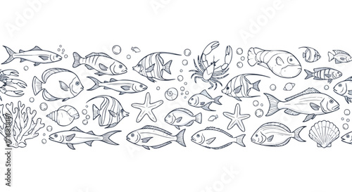 Charming hand-drawn marine life collection featuring diverse fish, starfish, coral, and shells for delightful ocean-themed designs