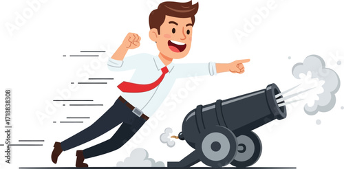 Man launching business with cannon for success and motivation
