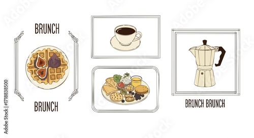 Delicious brunch menu selection with coffee, waffle, and breakfast plate to start your day with joy and flavorful delight for cafes and restaurants