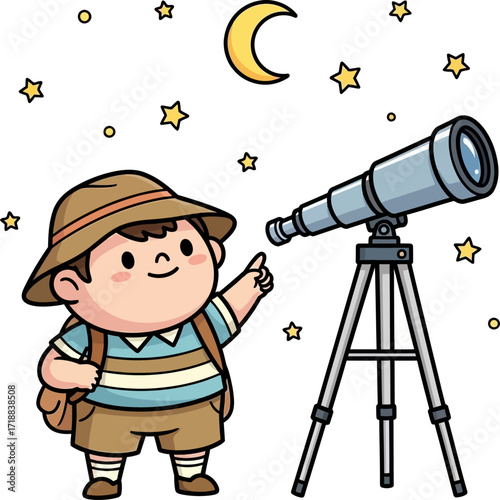 little explorers night sky adventure a charming cartoon illustration, isolated on transparent background