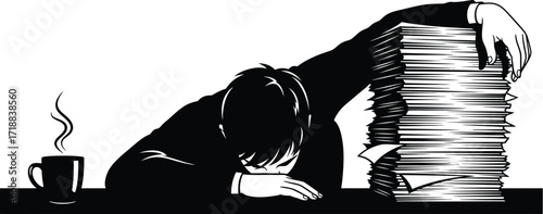 Overworked tired employee burnout stress and coffee break