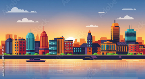 A vibrant, stylized illustration of a city skyline with buildings and water.