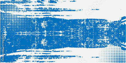 Grunge textured blue background with rough scratches, worn details, and white paint splatters for a vintage distressed look.