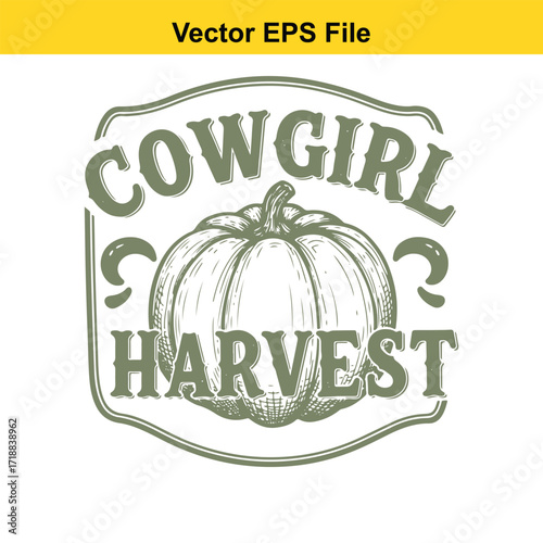 Vector art of cowgirl harvest text with pumpkin illustration