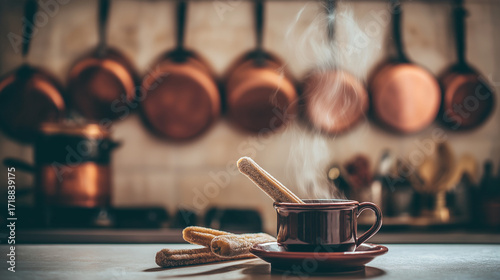 churros. A clay cup of hot chocolate with churros, capturing the warmth of Spanish National Day. menu design, packaging mockups, designed for culinary blogs and recipe cards for restaurants.