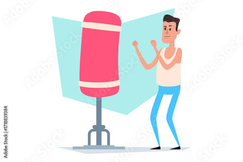 Man in tank top preparing to hit punching bag in home workout setting. Focused and determined man practicing his boxing skills and improving fitness