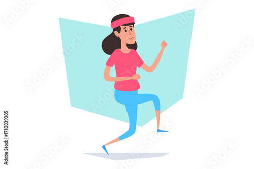 Woman jogging energetically with smile, wearing pink shirt, blue leggings and headband. Active lifestyle concept