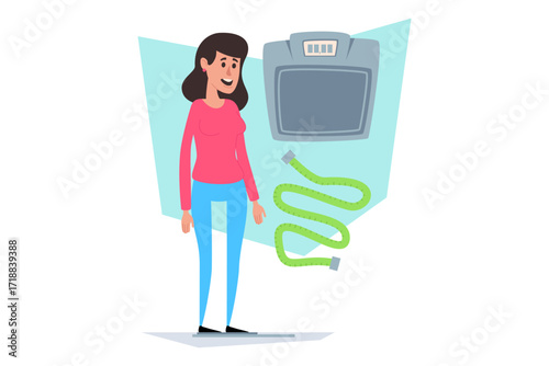 Person standing next to measuring scale and tape. Woman smiling and standing proudly during her weight loss journey