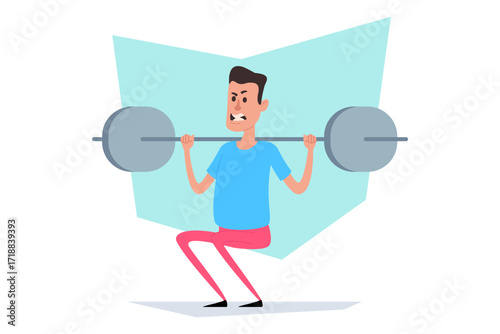 Young man exercising in gym, performing squat with heavy barbell on his shoulders. Man showing concentration and effort during workout. Strength training concept