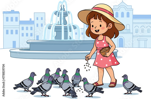 little girl feeding pigeons kindness in the city square, isolated on transparent background