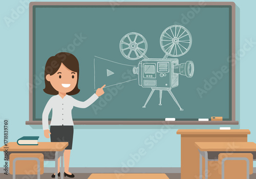Cartoon woman points to a vintage camera drawing on a chalkboard in a classroom setting.