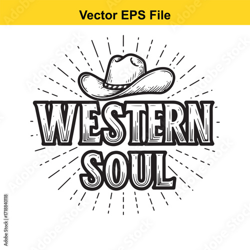 Vector art of western soul text with cowboy hat and sunburst