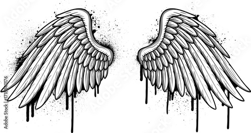 Black and white wings vector graphic in graffiti style. Graffiti wings with splatters, spray paint effects background illustration