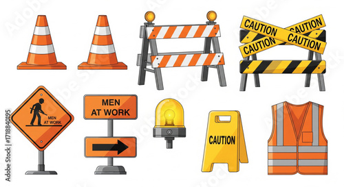 Collection of construction safety signs and barriers, including cones, barricades, and warning signs.