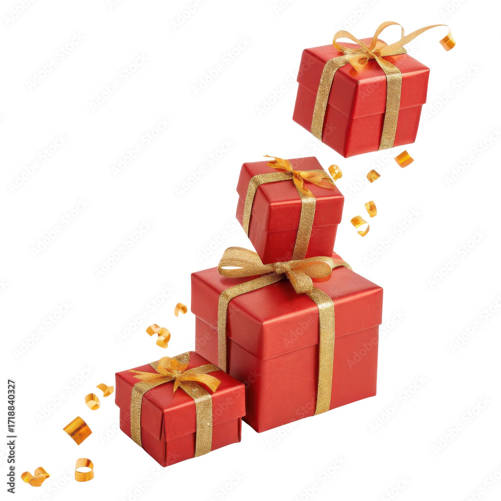 Fototapeta premium Festive red gift boxes stacked with golden ribbons and confetti create joyful atmosphere for celebrations