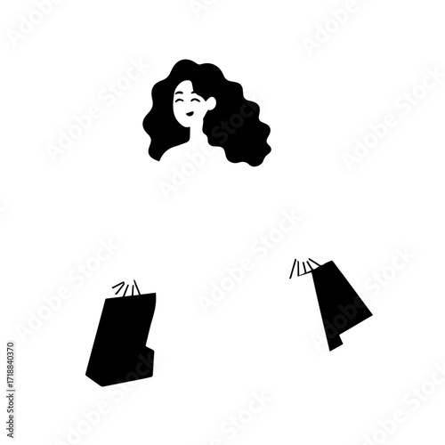 Black and white line art of a beautiful happy woman carrying shopping bags minimalist cheerful illustration