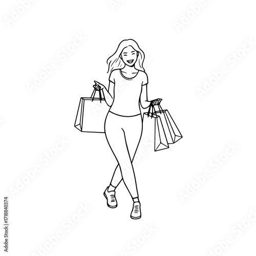 Black and white line art of a beautiful happy woman carrying shopping bags minimalist cheerful illustration