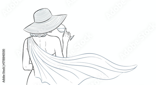 Elegant woman in sunhat enjoying chilled wine, a stylish getaway visual for sophisticated branding and summer promotions, offering a minimalist, artistic aesthetic