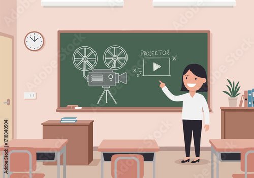A female teacher in a classroom points to a film projector diagram on a chalkboard, illustrating a lesson on film.