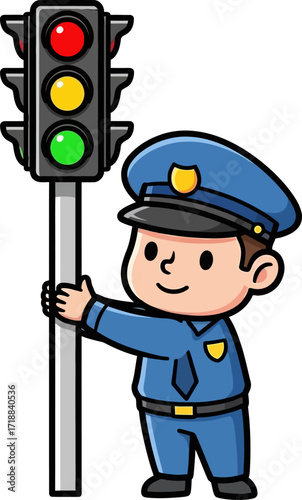little police officer directing traffic a cartoon of city safety, isolated on transparent background