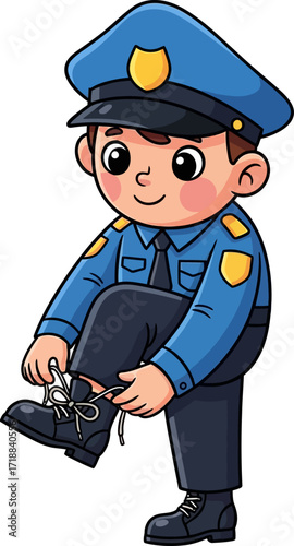 little police officer tying his shoes a readyforduty cartoon, isolated on transparent background