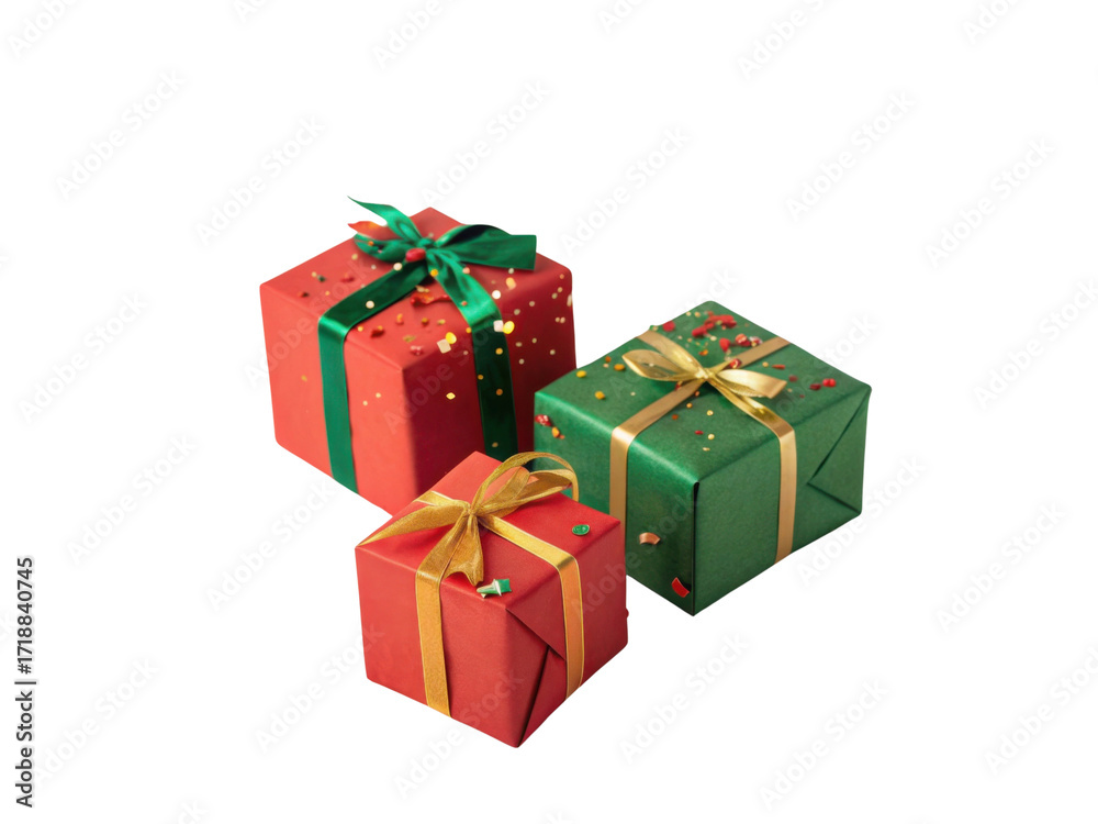Obraz premium Festive gift boxes in red and green with decorative ribbons and confetti create joyful atmosphere for celebrations