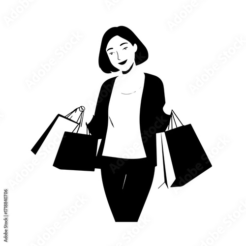 Black and white line art of a beautiful happy woman carrying shopping bags minimalist cheerful illustration