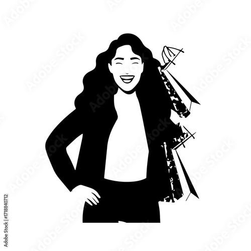 Black and white line art of a beautiful happy woman carrying shopping bags minimalist cheerful illustration