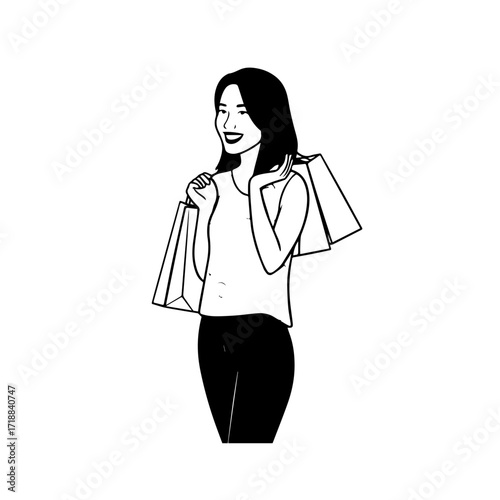 Black and white line art of a beautiful happy woman carrying shopping bags minimalist cheerful illustration