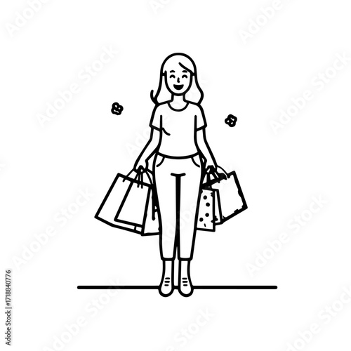 Black and white line art of a beautiful happy woman carrying shopping bags minimalist cheerful illustration