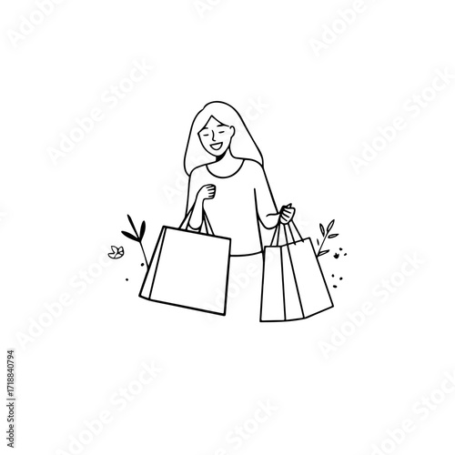 Black and white line art of a beautiful happy woman carrying shopping bags minimalist cheerful illustration