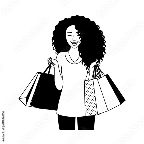 Black and white line art of a beautiful happy woman carrying shopping bags minimalist cheerful illustration