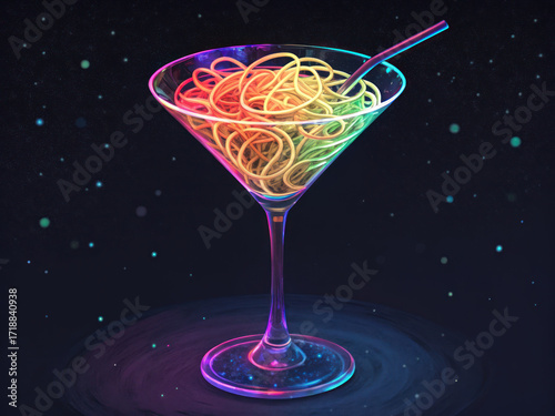 Cocktail glass filled with glowing neon digital noodles and straw, vibrant colors create futuristic and playful atmosphere