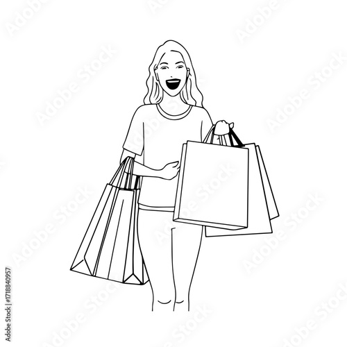 Black and white line art of a beautiful happy woman carrying shopping bags minimalist cheerful illustration