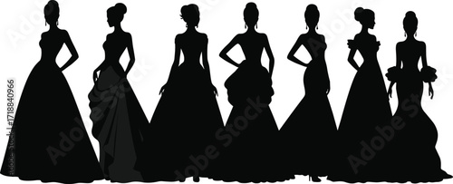 Elegant women silhouettes in long evening gowns, fashionable ball dresses, black and white bridal couture illustration, perfect for fashion design projects, invitations