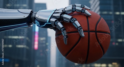 Futuristic Robot Arm Grips a Basketball in a City.