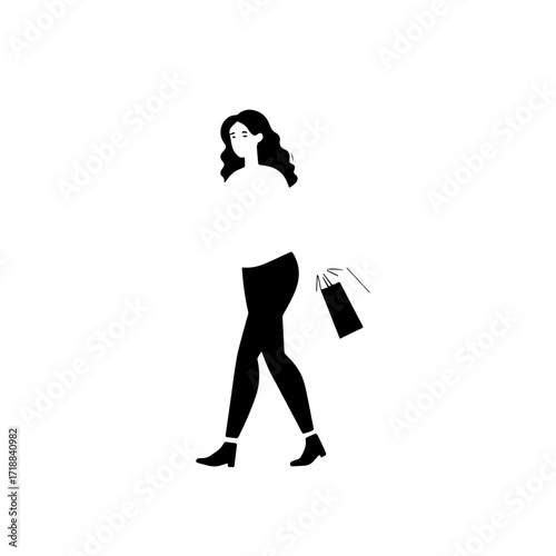 Black and white line art of a beautiful happy woman carrying shopping bags minimalist cheerful illustration