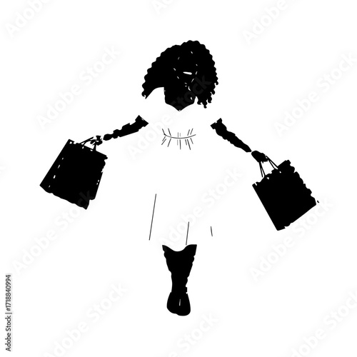 Black and white line art of a beautiful happy woman carrying shopping bags minimalist cheerful illustration