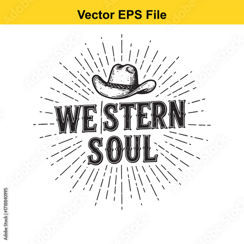 Vector art of western soul text with cowboy hat and sunburst