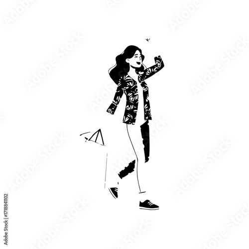 Black and white line art of a beautiful happy woman carrying shopping bags minimalist cheerful illustration