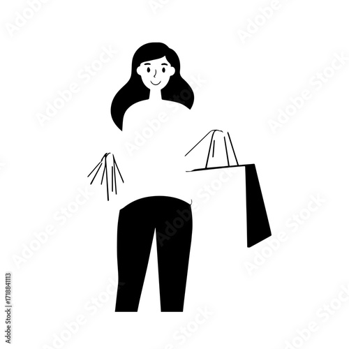 Black and white line art of a beautiful happy woman carrying shopping bags minimalist cheerful illustration